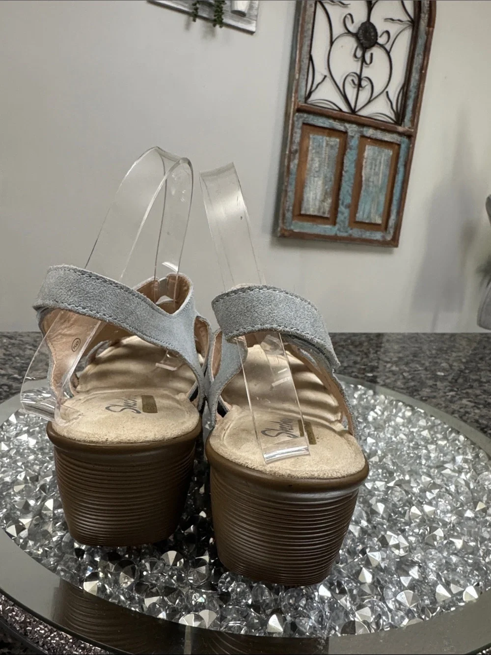 Skechers Light Gray blue Suede Wedge Sandal with Tan Platform 9